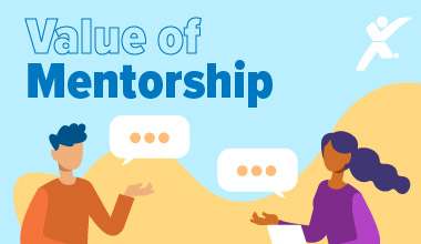 Illustration titled 'Value of Mentorship' showing two people engaged in conversation with speech bubbles, set against a light blue background with abstract yellow and white shapes.