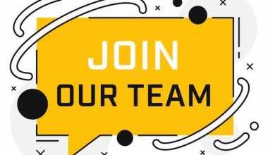 Yellow speech bubble with the text "Join our team" in bold white and black letters, surrounded by abstract black and white shapes on a white background.