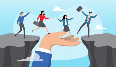 Illustration of a large hand bridging two cliffs, helping business professionals cross safely, symbolizing champion leadership, mentorship, and support.