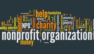 Word cloud centered around the theme of nonprofit organizations, featuring prominent terms like "nonprofit," "organization," "charity," "volunteer," "donation," "foundation," "philanthropy," "public interest," "grant," "trust," "tax exemption," and "surplus revenues," visually emphasizing the values and functions of nonprofit entities.