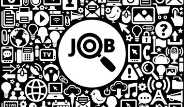 Black and white illustration centered around the word "JOB," with the "O" stylized as a magnifying glass. Surrounding icons represent technology, communication, media, and business, including computers, mobile phones, email, social media, gears, light bulbs, microphones, and people—symbolizing the interconnected digital landscape of modern job searching.