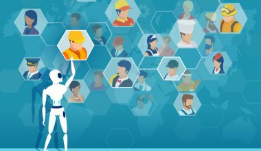 Illustration of a white robot pointing toward a grid of hexagons displaying diverse illustrated workers. The workers include male‑ and female‑presenting characters in various uniforms such as construction gear, medical attire, business suits, aviation uniforms, and culinary outfits. The background features abstract world map shapes and hexagonal patterns.